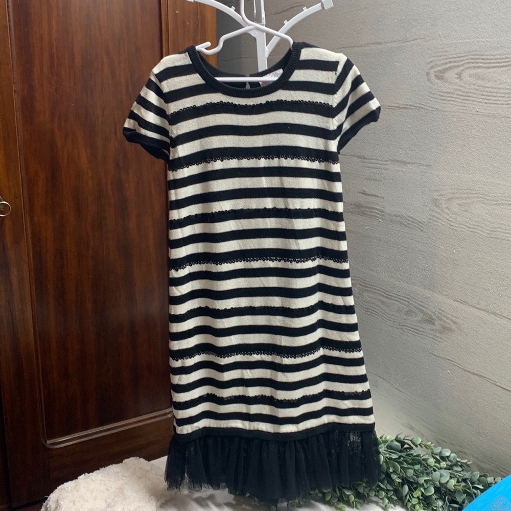 Girls 1989 place short sleeve black white stripe sweater dress sequins size 7/8